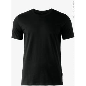 A black t-shirt made of organic cotton, featuring short sleeves and a simple design.