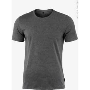 A grey t-shirt made from organic cotton, featuring a simple design and a small logo on the side.