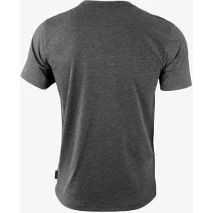 A grey t-shirt featuring a clean back design and a small logo tag at the hem. Suitable for casual wear.
