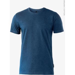 A blue organic cotton T-shirt featuring a crew neckline and short sleeves, with a brand logo.