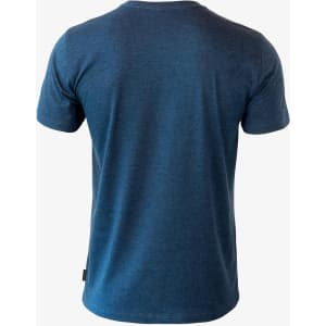A blue men's T-shirt with a standard crew neck and short sleeves, featuring a logo on the side.