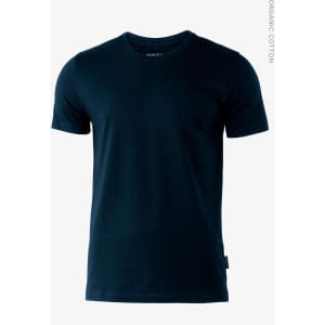 A dark navy blue men's T-shirt made of organic cotton, featuring a logo on the side.