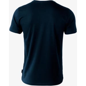 A navy blue t-shirt featuring a plain design and short sleeves. The back has a small branding tag.