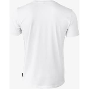 A plain white men’s T-shirt featuring a crew neck and short sleeves, with branding on the side.