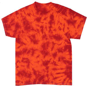 A crinkle tie dye t-shirt in vibrant shades of orange and red, featuring a loose fit and a round neckline.