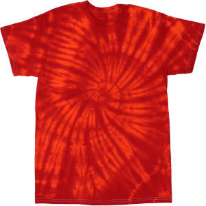 A red tie-dye T-shirt featuring a spiral pattern. The shirt has a classic fit and short sleeves.