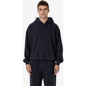 A navy blue pullover hoodie made from plush fleece, featuring a hood and a relaxed fit.