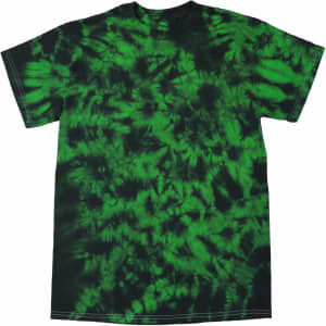 A Crinkle Tie Dye T-Shirt in vibrant green with a unique spiral pattern, featuring a logo on the front.