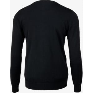 A black cardigan with long sleeves, featuring a simple design. The back view displays a smooth texture.