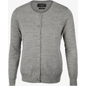 A grey cardigan featuring a round neckline and button closure, with a logo at the neck.