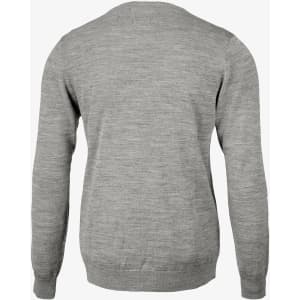 A grey knit cardigan with long sleeves and a round neckline, featuring a simple design on the back.