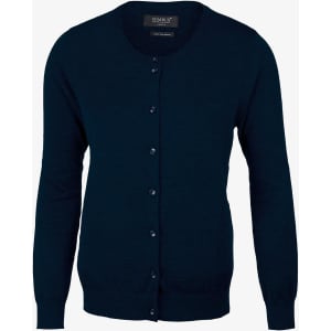 A navy blue cardigan featuring a button-up front and long sleeves, with a logo on the label.