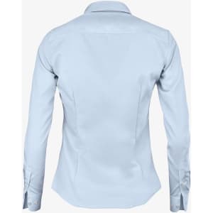 A light blue button-up shirt featuring a fitted design and long sleeves, complete with a collar and cuff detailing.