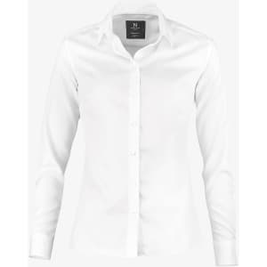 A white button-up shirt featuring long sleeves and a collar, with a label attached inside.