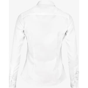 A white button-up shirt featuring a fitted design and long sleeves, with a collar and branding on the label.
