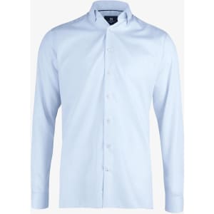 A light blue button-up shirt with long sleeves and a collar, featuring a logo on the label.