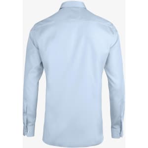 A light blue button-up shirt with long sleeves and a collar, featuring a logo on the back.