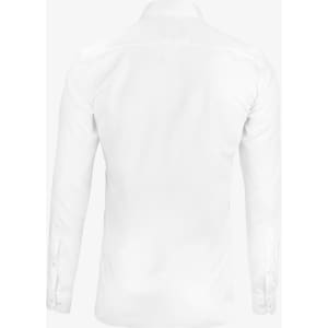 A white button-up shirt with long sleeves and a smooth finish, featuring a logo on the back.
