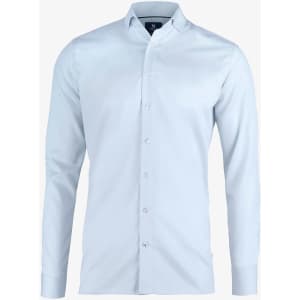 A light blue slim fit button-up shirt with long sleeves and a collar, featuring a logo on the chest.