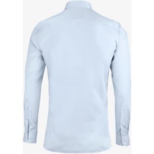 A light blue button-up shirt featuring a slim fit design and long sleeves, with a logo on the back.