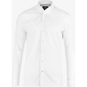 A slim fit white button-up shirt with a collar, featuring a subtle logo on the chest.