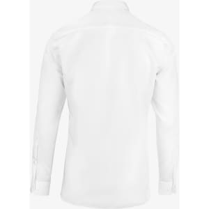A slim fit men's button-up shirt in white, featuring a simple design and a logo on the back.