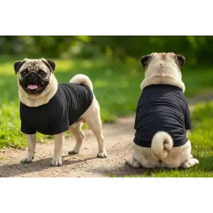 A black raglan T-shirt designed for dogs, worn by two pugs in a grassy outdoor setting.