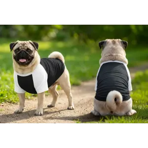 Two pugs wearing black and white raglan t-shirts are standing on a grassy path. One faces forward while the other is turned away.