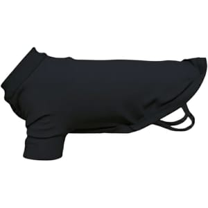 A black dog's raglan t-shirt with short sleeves and a rolled collar, featuring a logo.
