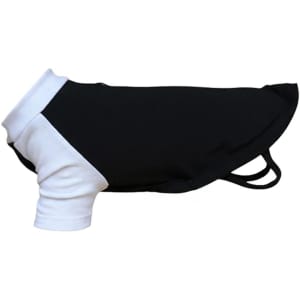 A black and white dog T-shirt featuring a raglan design and a round neckline. It has a logo on the side.