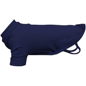 A dark navy raglan t-shirt for dogs with a rounded collar and short sleeves, featuring a logo.