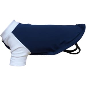A dog’s raglan t-shirt in navy blue with a white collar and sleeves. Features an opening for leash attachment.