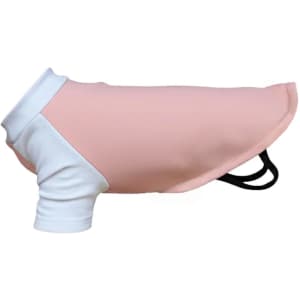 A dog's raglan T-shirt in pink and white with short sleeves and an opening for a harness. It features a logo.