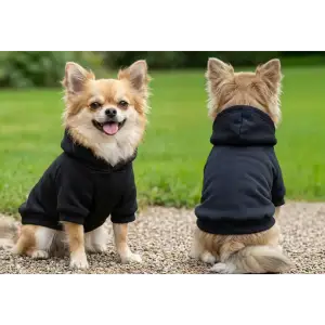 A black dog hoodie displayed on a Chihuahua, featuring a hood and rolled sleeves, with a logo on the front.