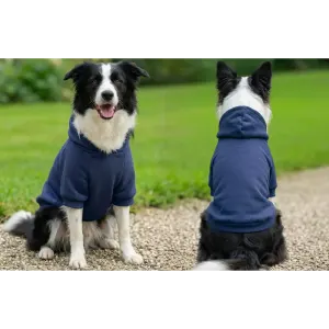 A navy blue hoodie designed for dogs, featuring a hood and short sleeves, shown on two Border Collies.