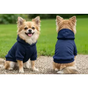 A navy blue dog's hoodie displayed on two cheerful Chihuahuas, one facing forward and the other turned away.