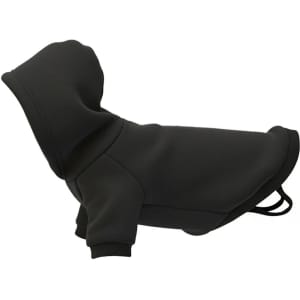 A black dog's hoodie featuring a hood and sleeves, designed for pet wear. The item has a simple, stylish design.