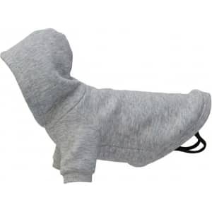 A grey dog's hoodie featuring a hood and sleeves, designed for canine wearables. It has a logo on it.