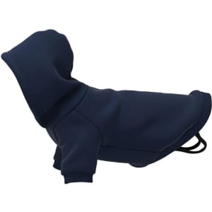 A navy blue hoodie for dogs, featuring a hood and sleeves. The product has a logo on it.