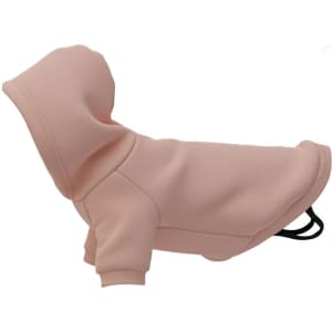 A pink dog hoodie with a hood and sleeves, featuring a logo on the side.
