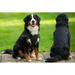 A dog's denim jacket in black is displayed on a Bernese Mountain Dog, showing both front and back views.