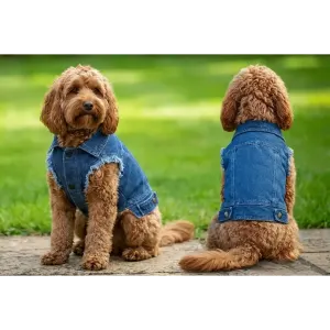 A dog wearing a blue denim jacket sits on a grassy surface, showcasing the front and back view of the jacket.