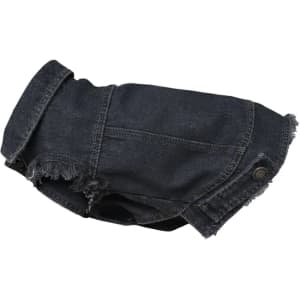 A dark denim jacket for dogs featuring a frayed hem and a button detail, with a branding logo visible.