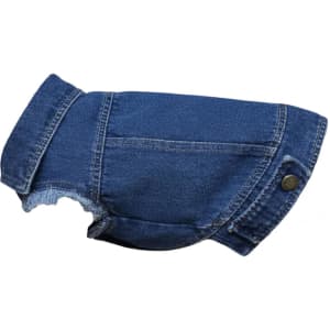 A denim jacket for dogs, featuring a classic blue colour and a stylish collar. The jacket has a distressed finish.