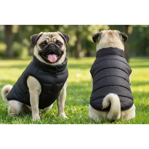 A black puffer jacket designed for dogs, featuring a button-up front, displayed on two pugs outdoors.
