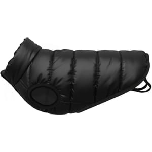 A black puffer jacket designed for dogs, featuring a rounded neck and a circular attachment area.