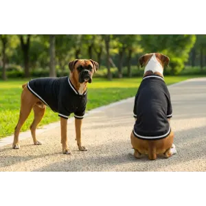 Two dogs wearing black varsity jackets with white stripes, standing on a pathway in a park setting.