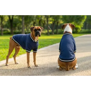 Two dogs wearing navy blue varsity jackets stand on a pathway in a park, showcasing a casual and sporty look.
