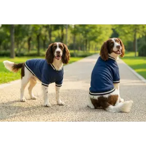 Two dogs wearing navy blue varsity jackets with white stripes stand in a park setting. One dog sits, while the other looks back.