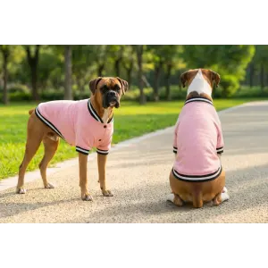 A pink varsity jacket for dogs, featuring black and white striped detailing, displayed on two dogs outdoors.